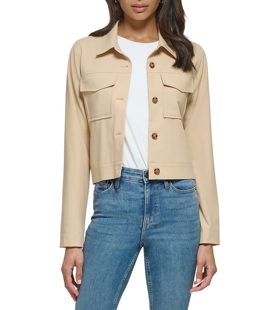 Calvin Klein Stretch Luxe Point Collar Long Sleeve Button Front Jacket ...