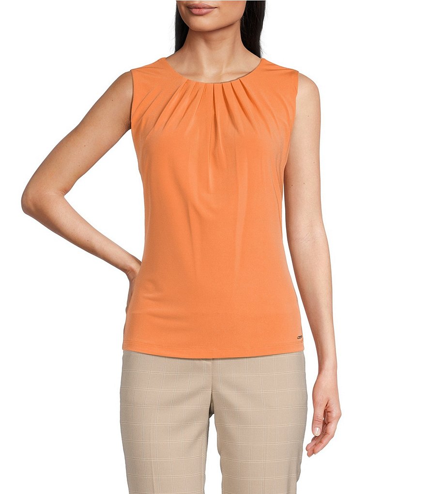 Calvin Klein Stretch Pleated Crew Neck Sleeveless Tank