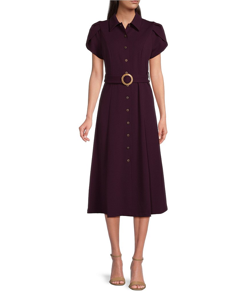 Calvin Klein Tulip Short Sleeve Button Front Point Collar Belted A-Line  Midi Shirt Dress | Dillard\'s