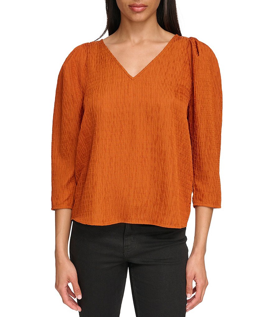 Calvin Klein V-Neck 3/4 Blouson Sleeve Top | Dillard's