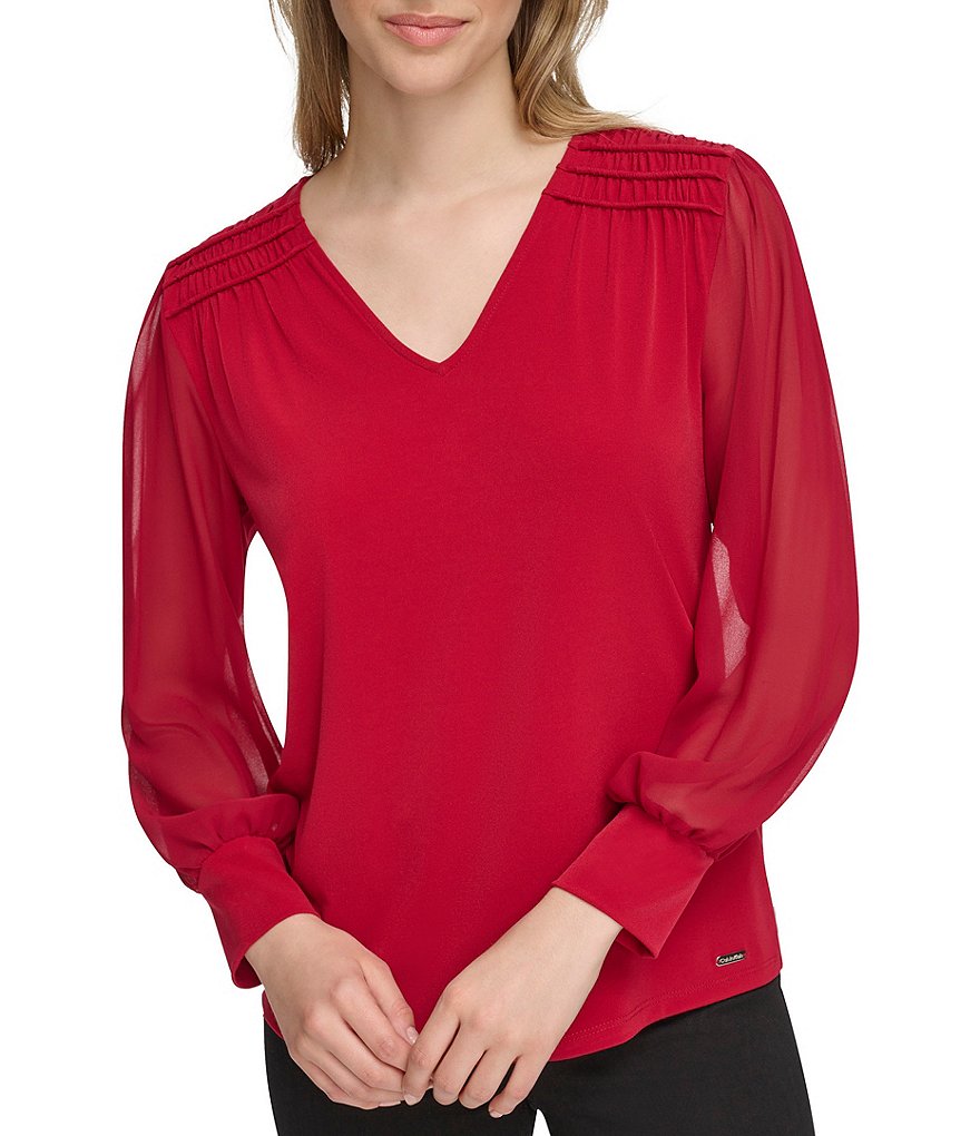 Calvin Klein V-Neck Ruffled Pin Tuck Top