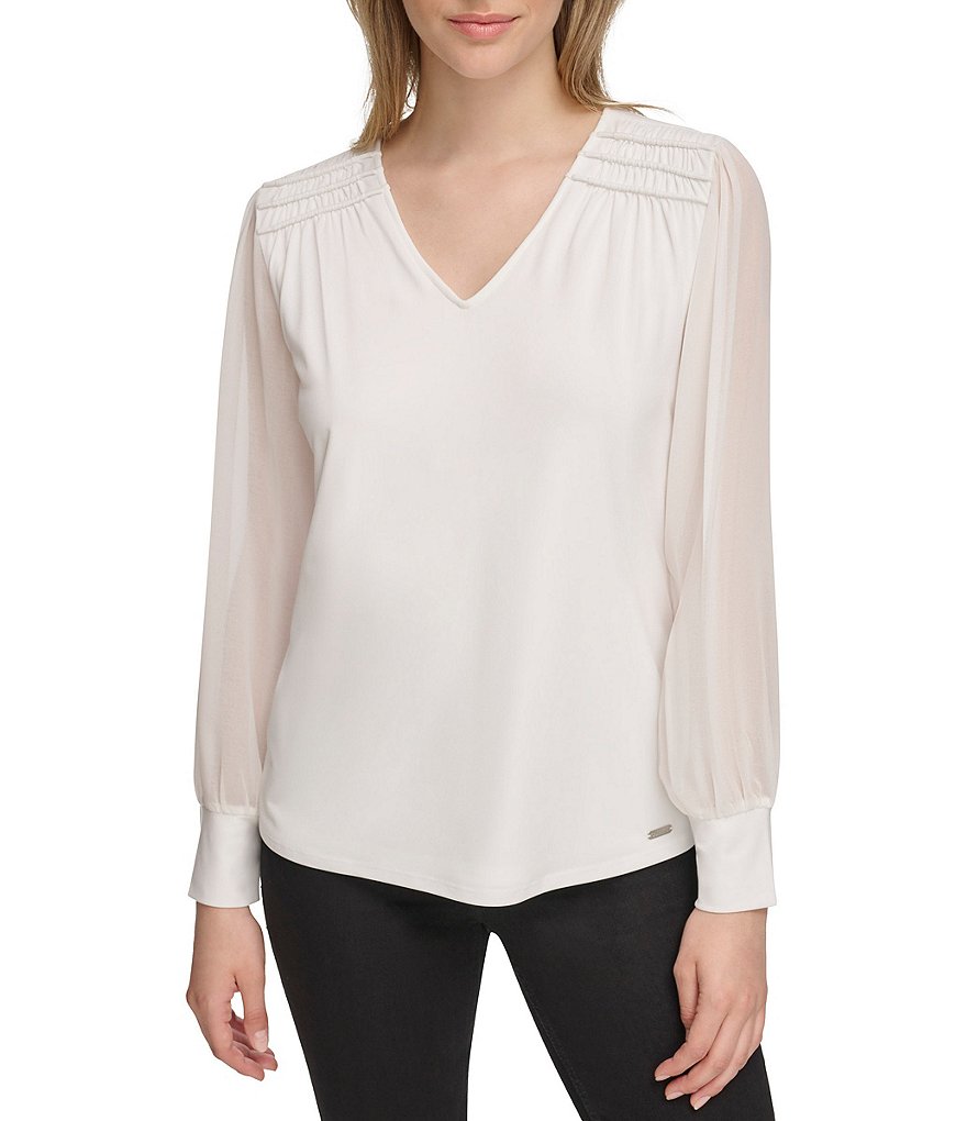 Calvin Klein V-Neck Ruffled Pin Tuck Top