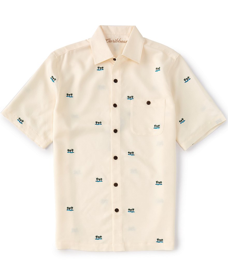 Caribbean Palm Tree Embroidery Short Sleeve Woven Shirt | Dillard's