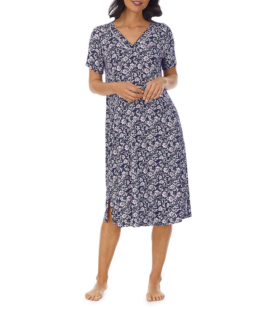 Carole Hochman Floral Print V-Neck Short Sleeve Jersey Caftan | Dillard's