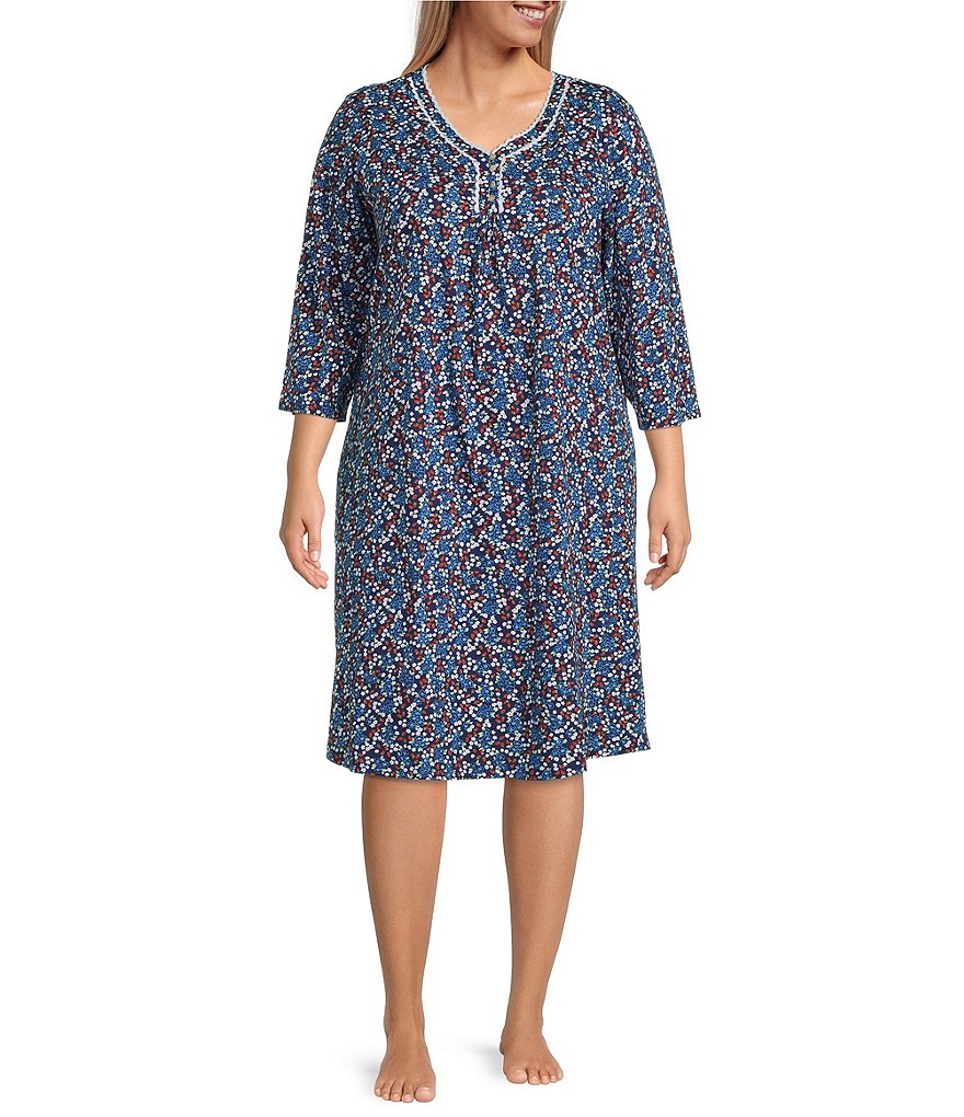 Carole Hochman Plus Size Printed Lace V-Neck 3/4 Sleeve Cotton Jersey ...
