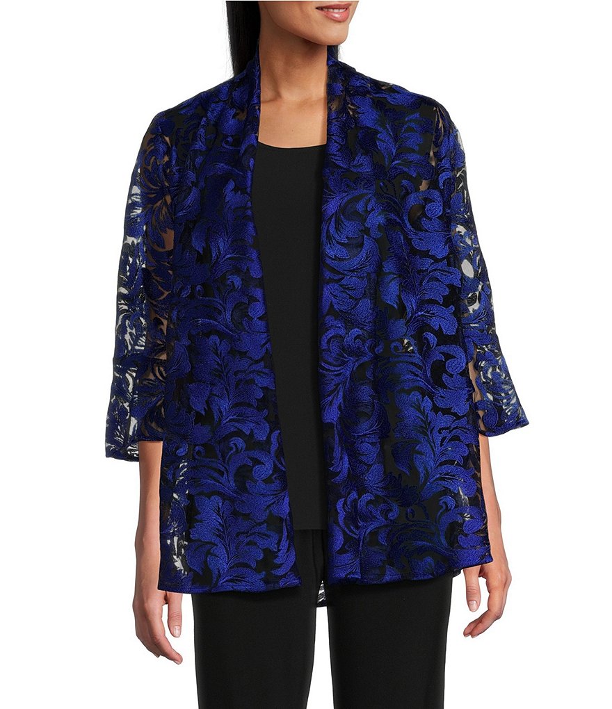 Caroline Rose Blue/Black Patterned Open Front Wool Cardigan Sweater Jacket SZ outlet 3X