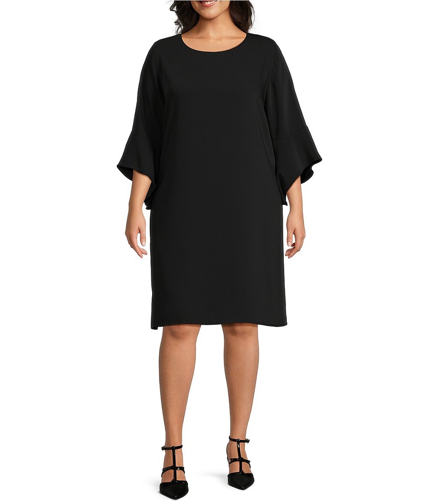 Caroline Rose Plus Size Julia Matte Crepe Round Neck 3/4 Ruffle Sleeve  Shift Dress