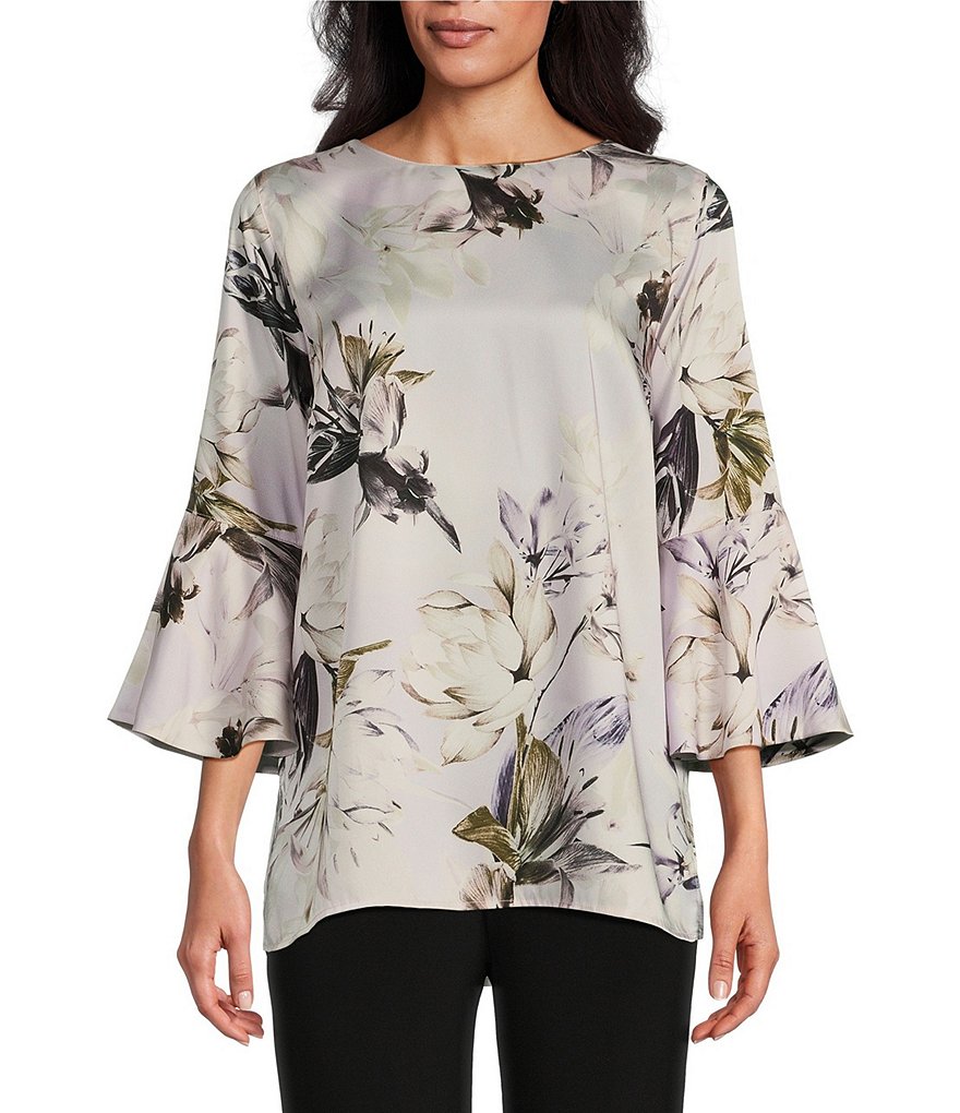 Caroline Rose Silky Twill Lotus Floral Print Scoop Neck 3 4 Bell Sleeve