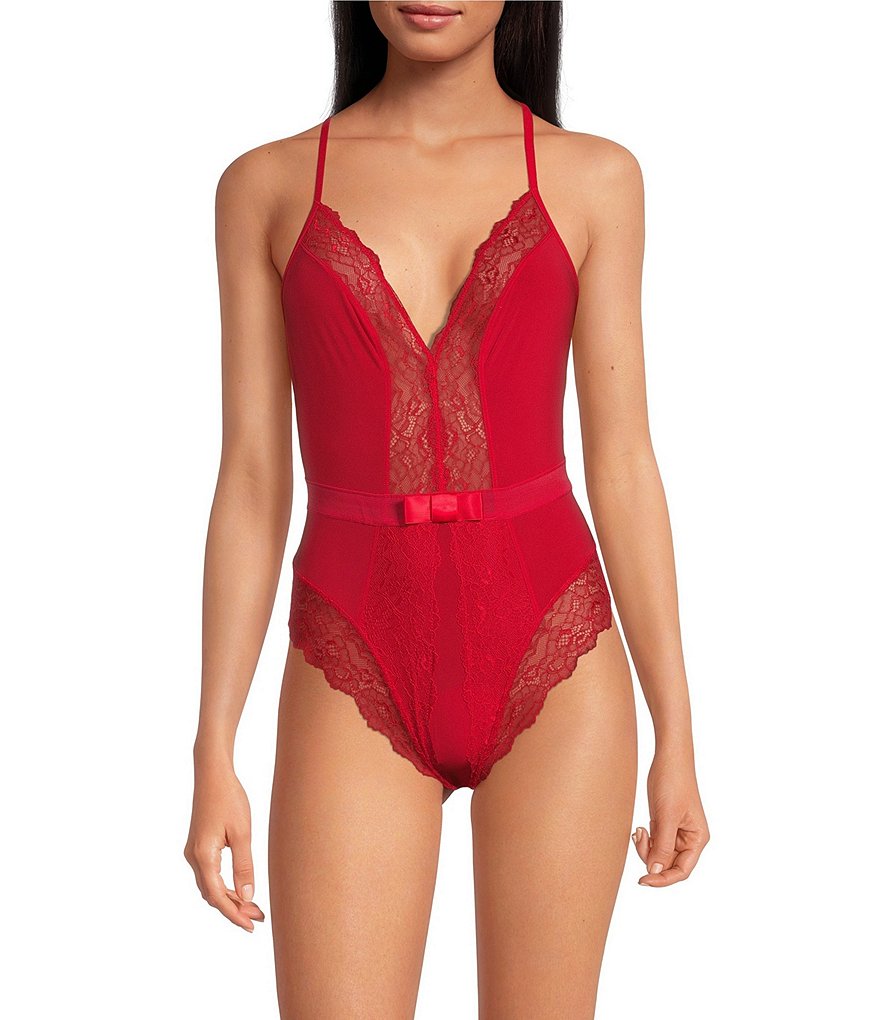 Colsie Red Lace Neckline Thong Bodysuit XL