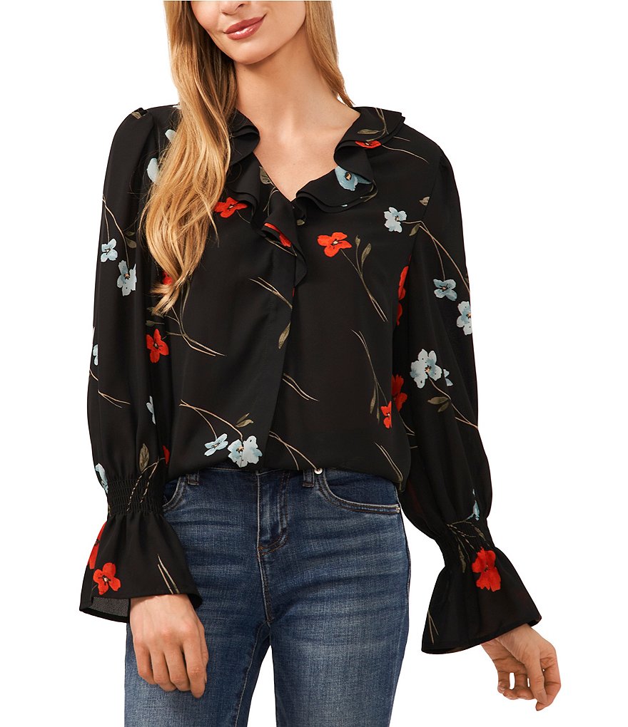 Cece Floral Print Ruffle V Neck Long Peasant Sleeve Button Front Georgette Blouse Dillards 9037