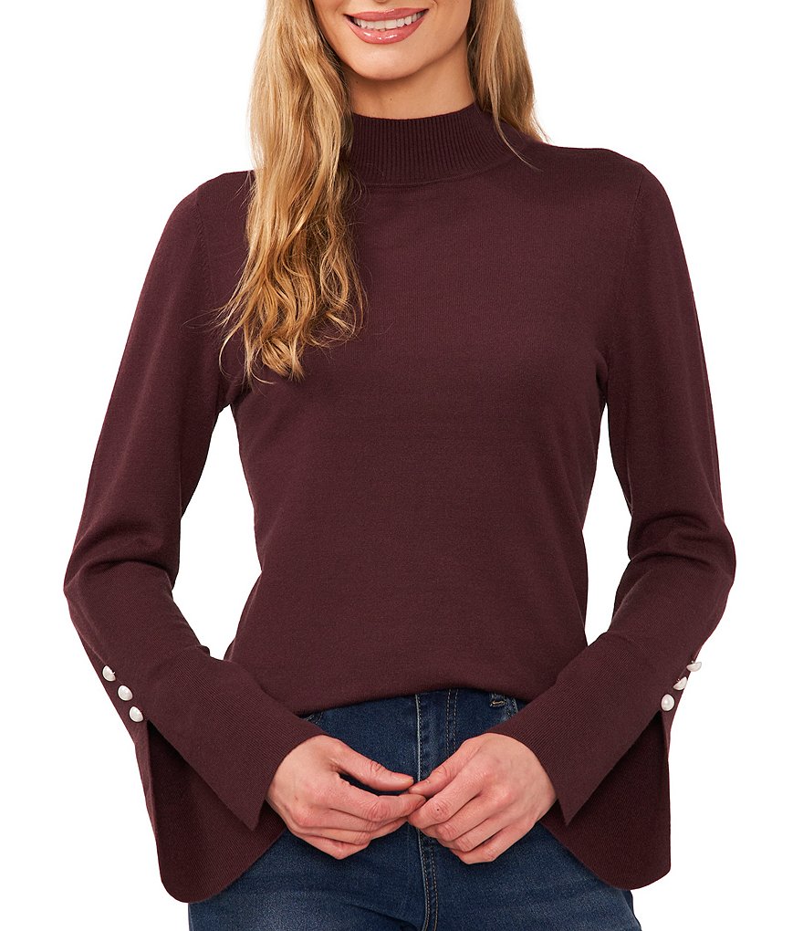 CeCe Mock Neck Split Bell Sleeves Pearl Embellished Jersey Knit