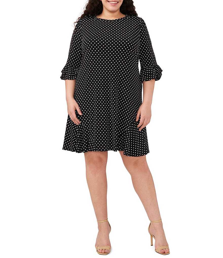 Cece Plus Size Dotted Print Crew Neck 3 4 Sleeve Ruffled Hem Knit Shift