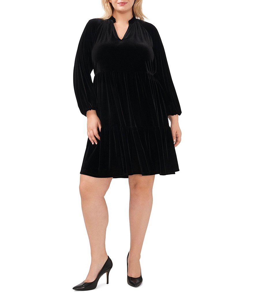 CeCe Plus Size Long Sleeve V-Neck Tiered Velvet Babydoll Dress