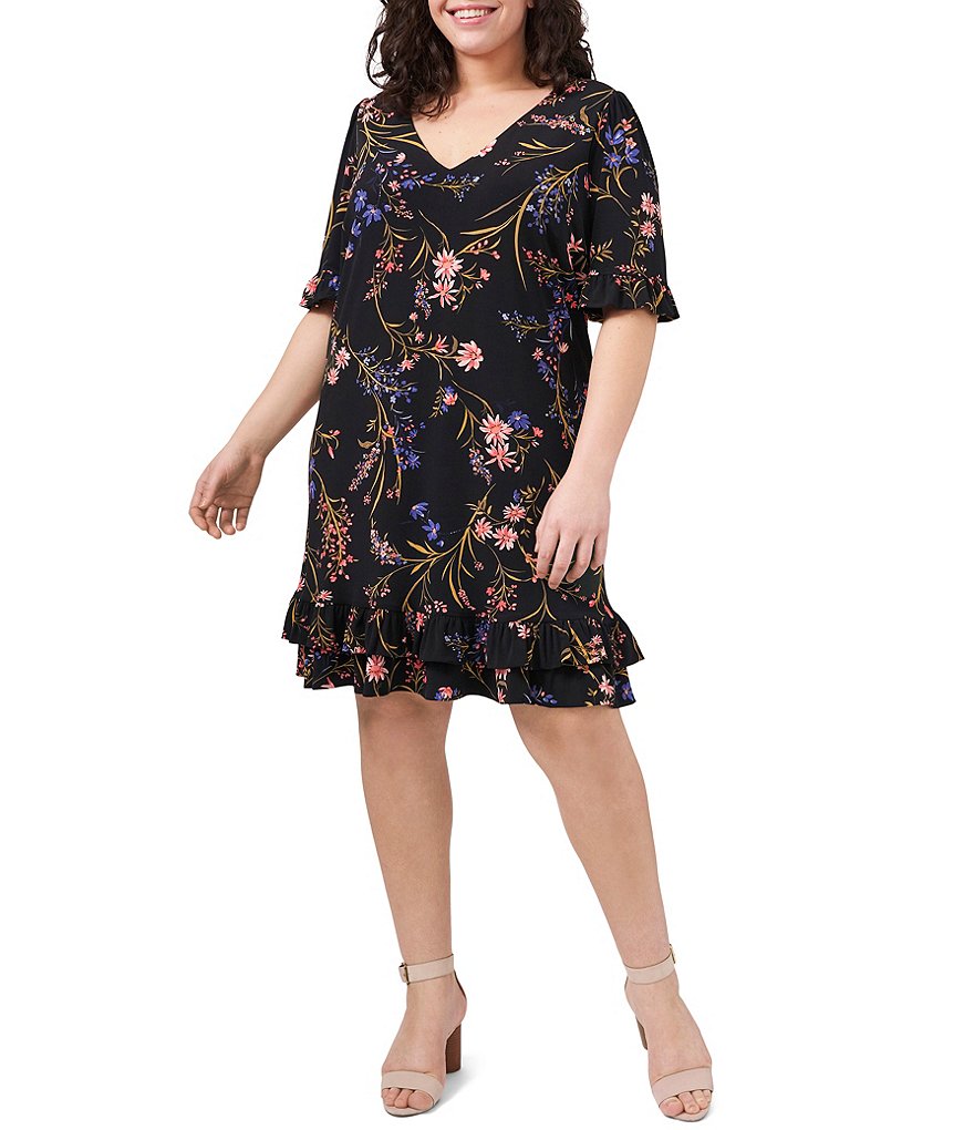 CeCe Plus Size V-Neck Ruffled Short Sleeve Floral Print Knit Dress ...