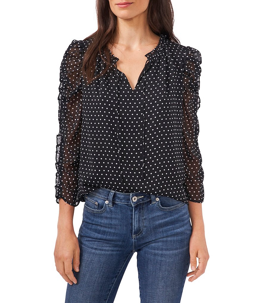 CeCe Plus Size Short Sleeve Polka Dot Ruffled Tie V-Neck Blouse