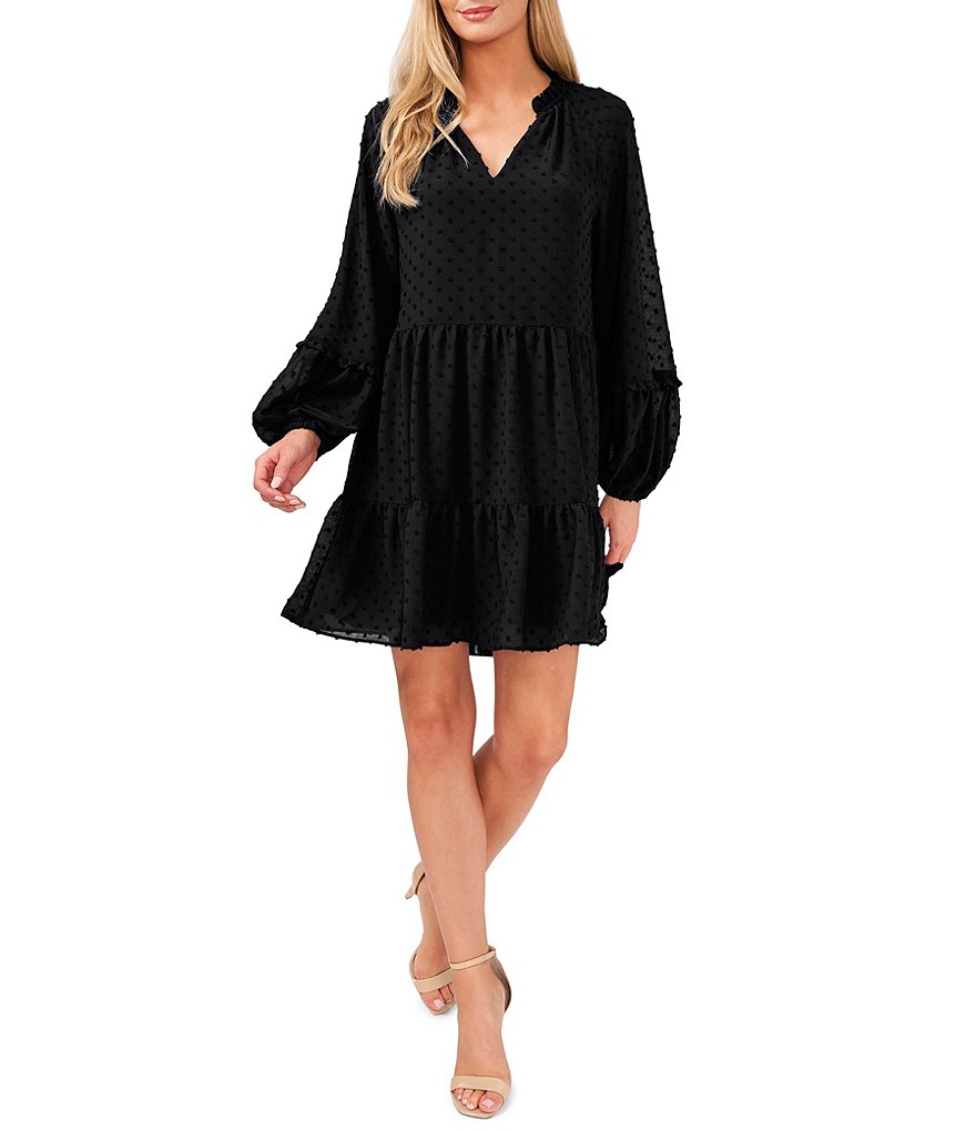 CeCe Split V-Neck Long Sleeve Clip Dot Tiered Babydoll Dress