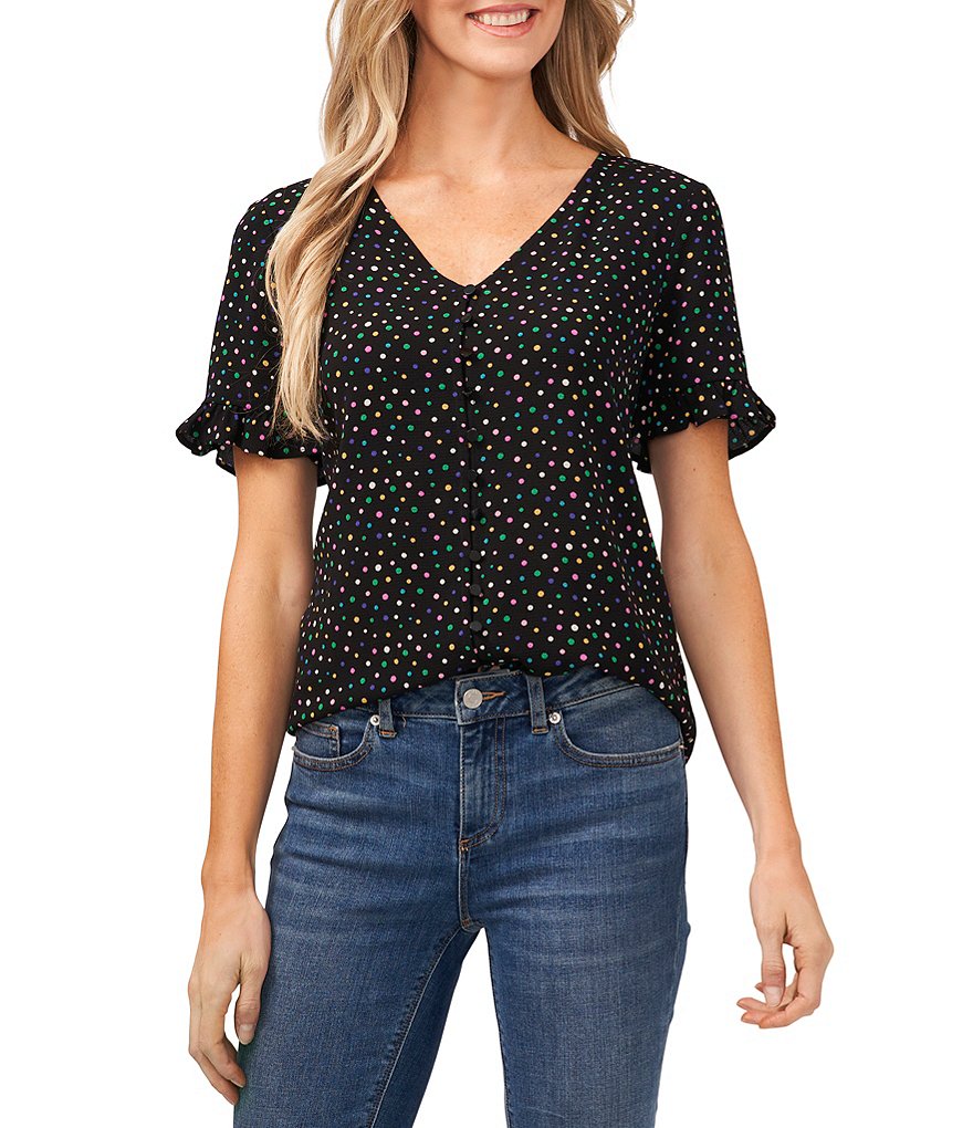 CeCe V-Neck Short Sleeve Button Front Polka Dot Blouse | Dillard's