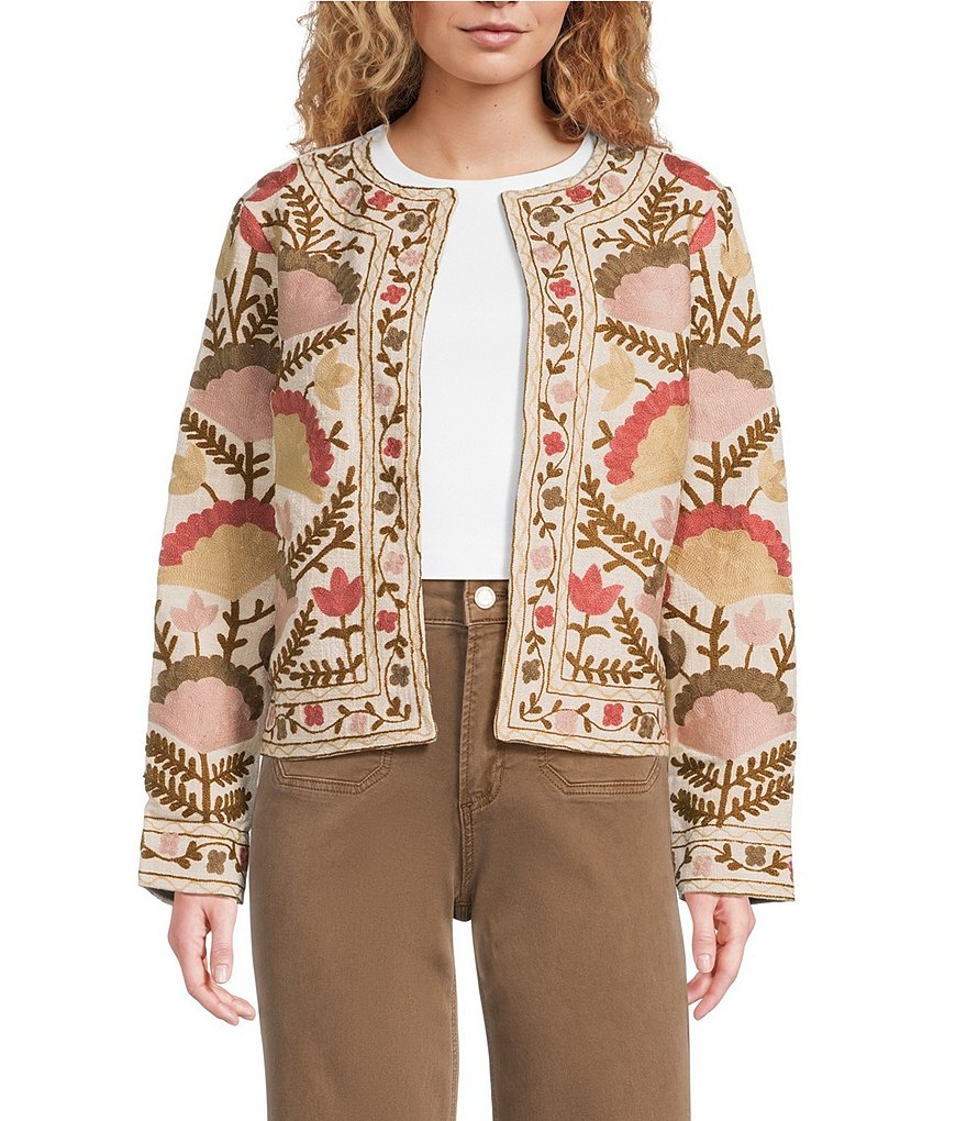 Charlie B. Collarless Long Sleeve Embroidered Open Front Jacket
