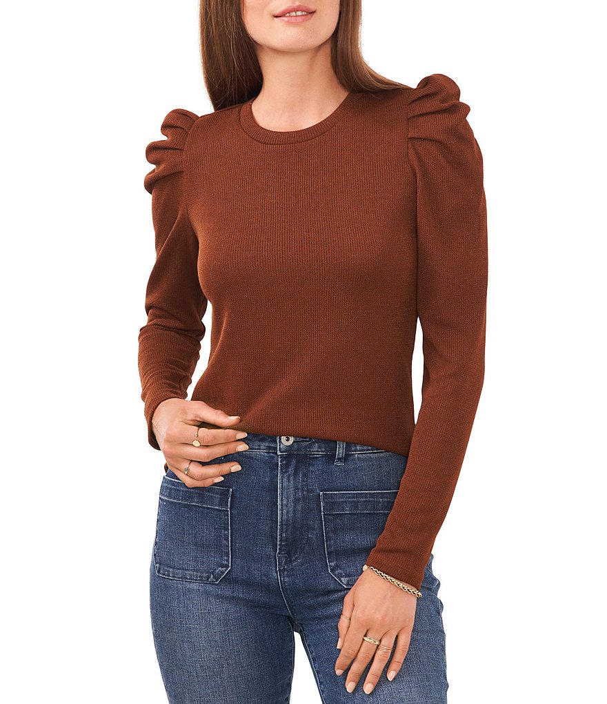 Wome's Fashion Bodysuit Brown Puff Sleeve Suede Knit Long Sleeve