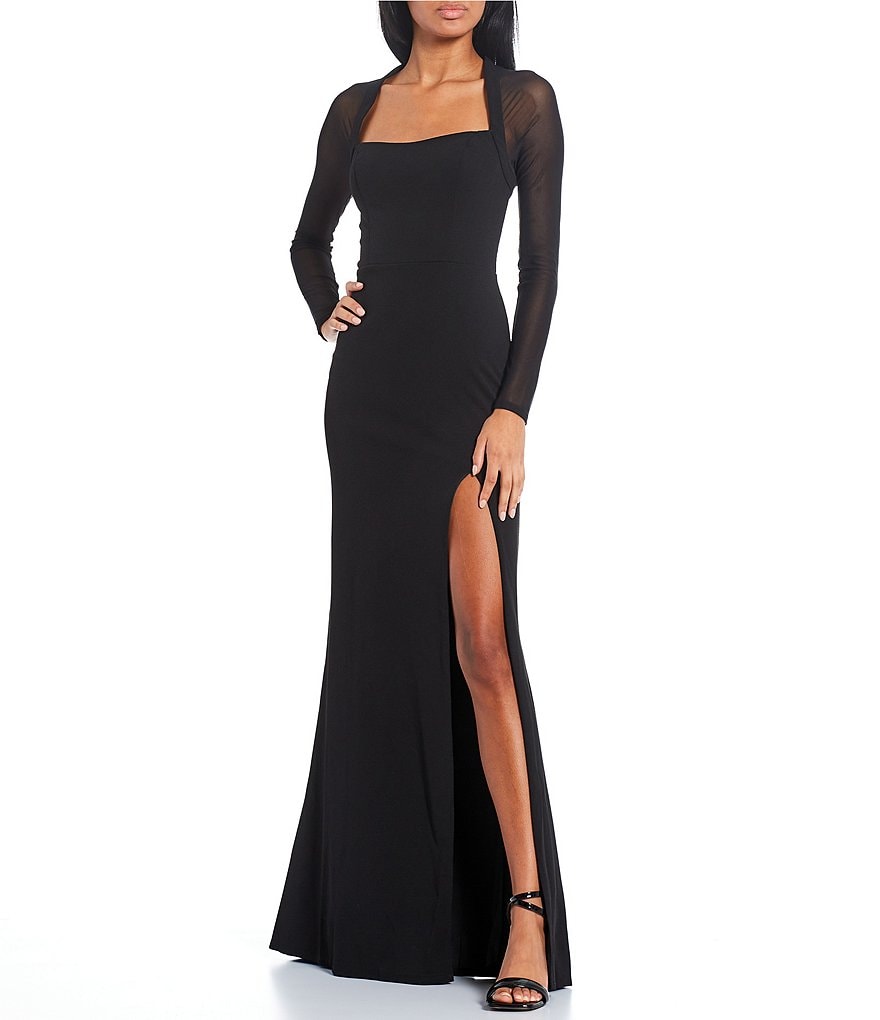 City Vibe Long Mesh Sleeve Square Neck Side Slit Long Dress