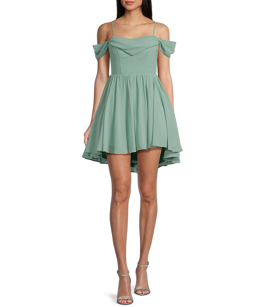 City Vibe Off-The-Shoulder Draped Neck High-Low Fit & Flare Dress