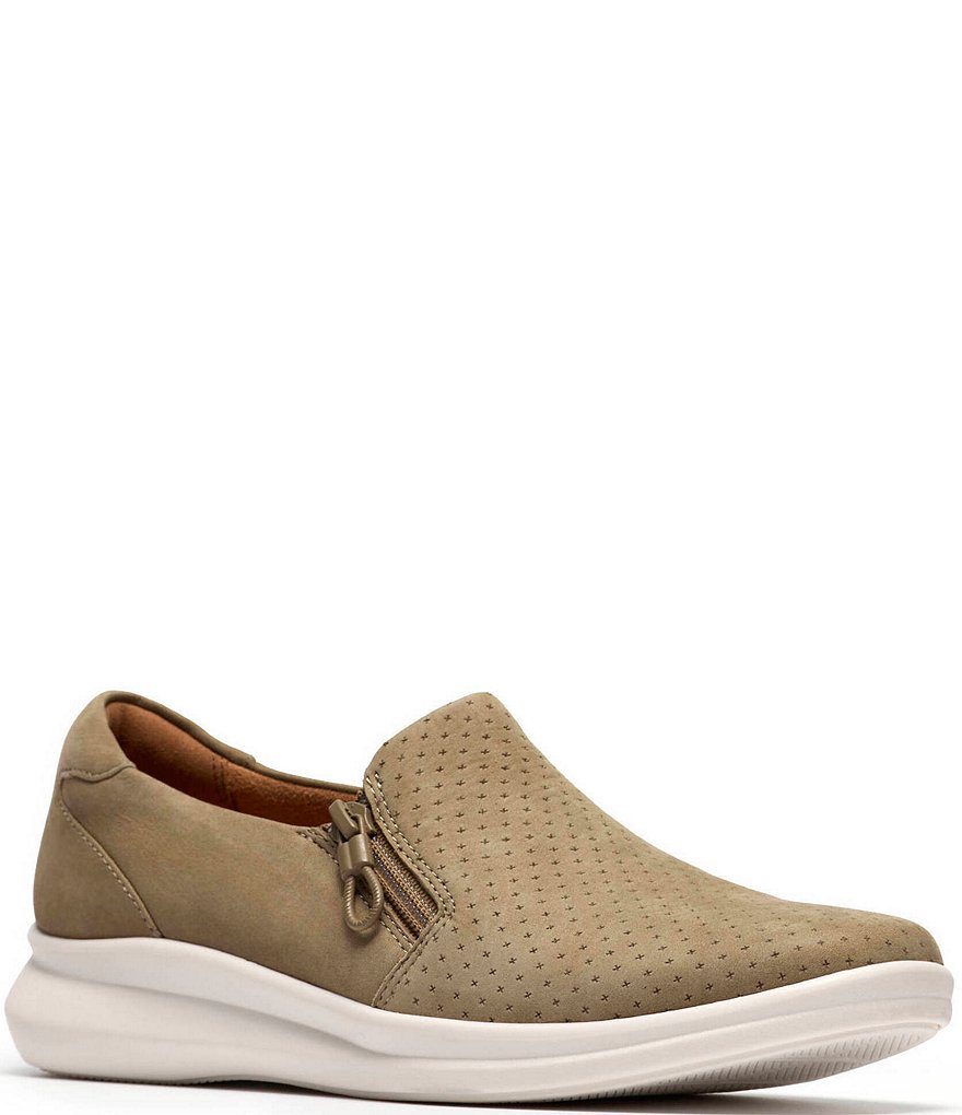 Clarks Artisan Lynell Sky Nubuck Suede Side Zip Perforated Slip On
