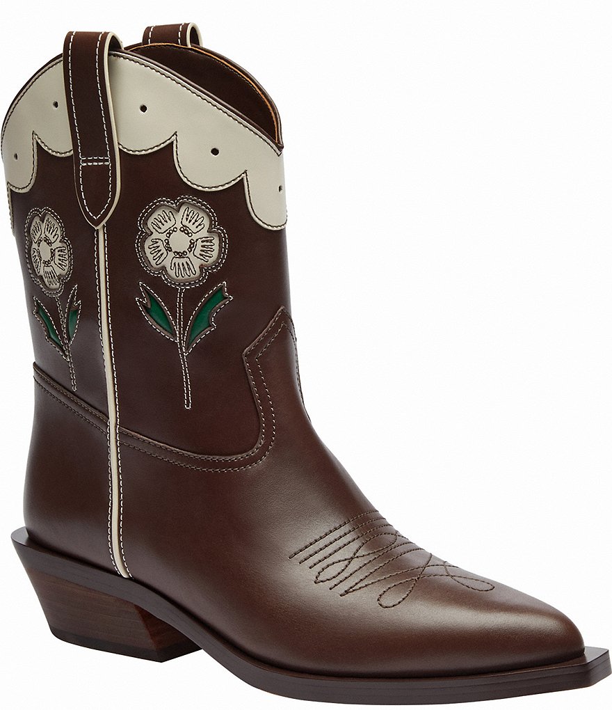 COACH Aria Leather Floral Embroidered Cowboy Boots