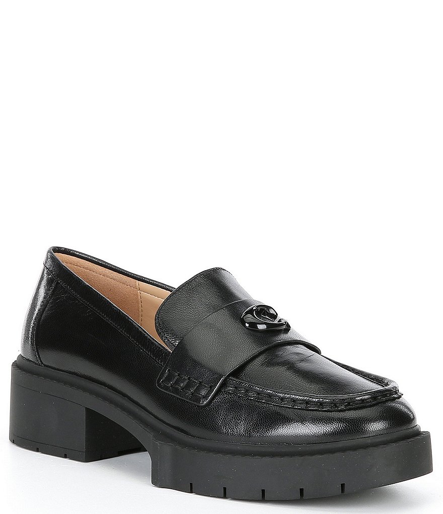 COACH Leah Leather Lug Sole Block Heel Loafers | Dillard's