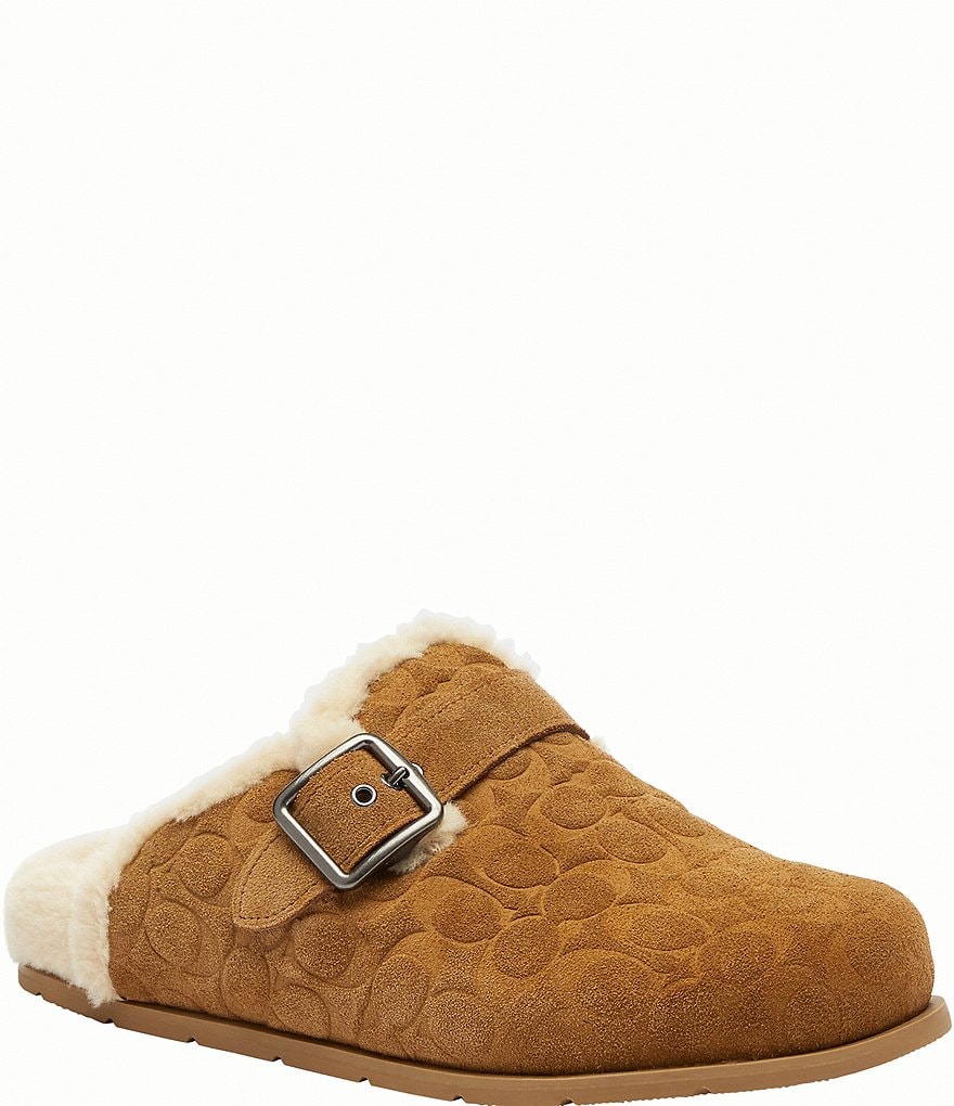 靴 COACH PEMBROKE SHEARLING COACH Men's Signature Logo Suede Shearling Buckle Hardware Clogs