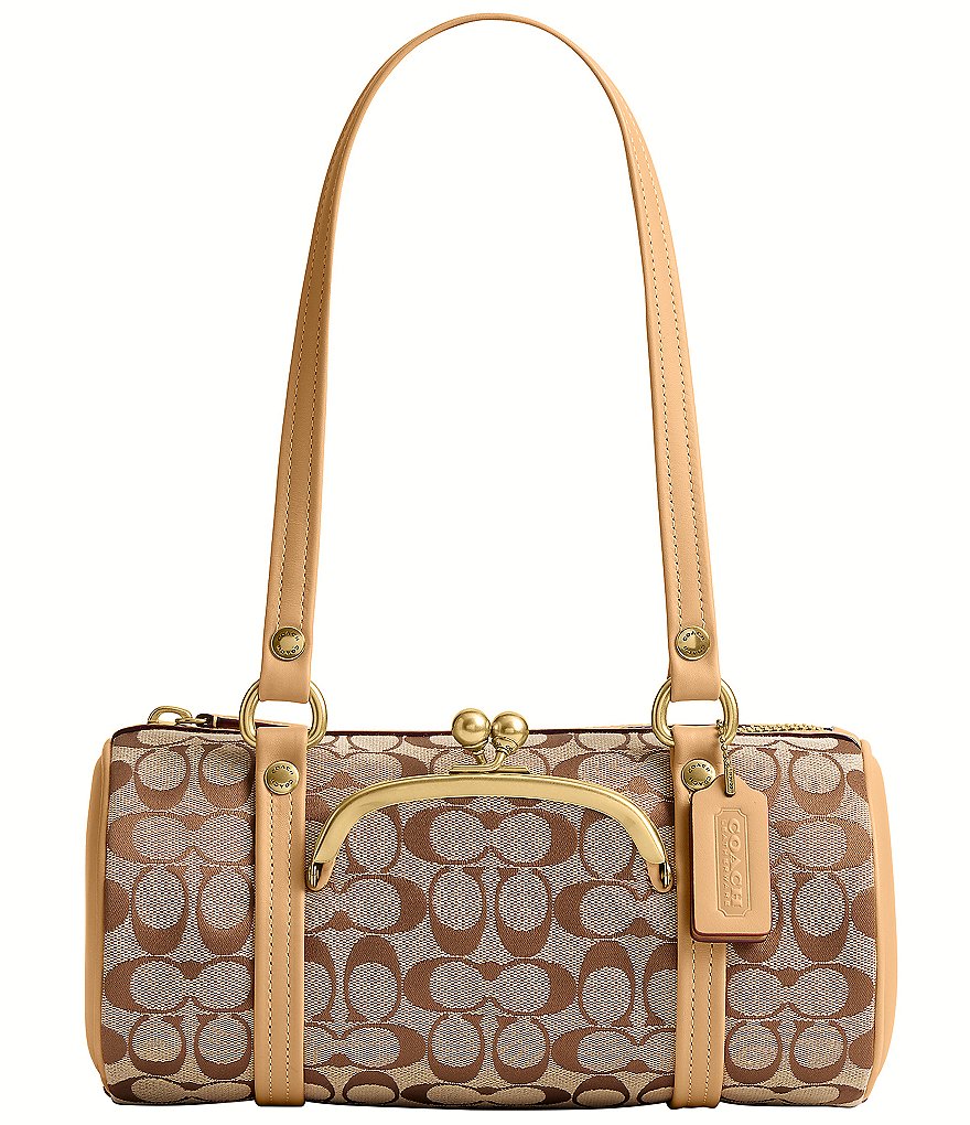 COACH Signature Jacquard Kisslock Handle Barrel Shoulder Bag 28