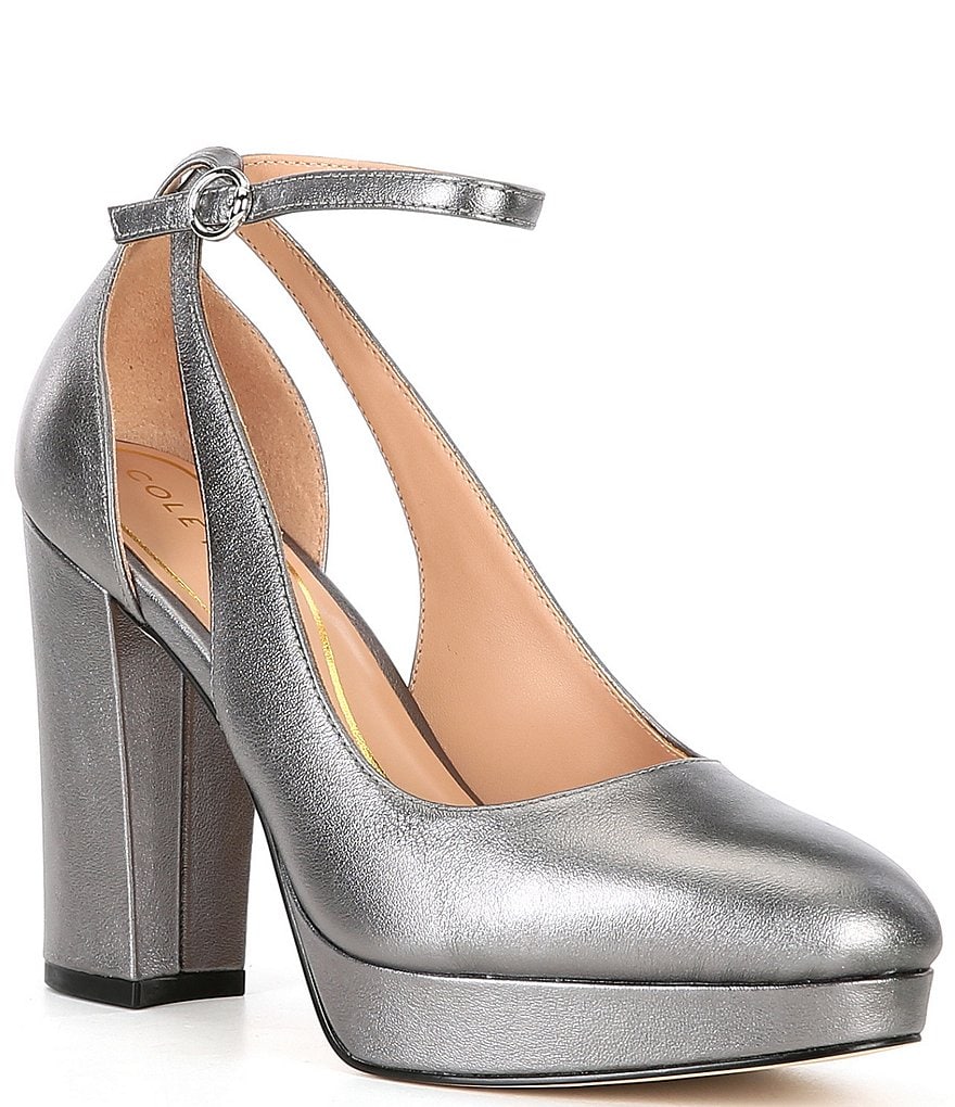 TECY Silver Leather Ankle Strap Heel