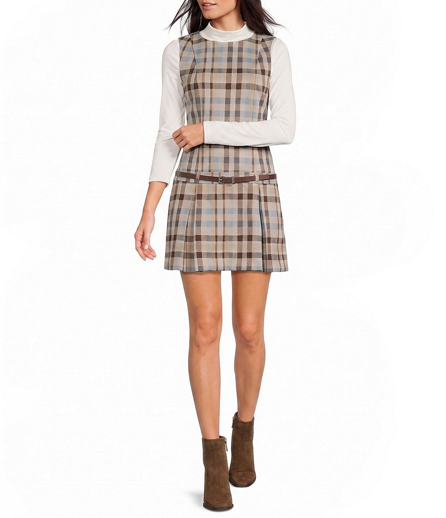Belted Plaid Drop Waist Mini Dress