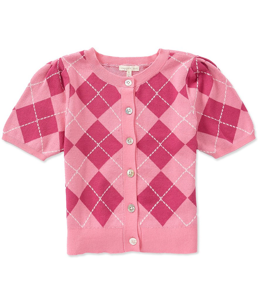 Copper Key Big Girls Argyle Button Front Short Sleeve Sweater