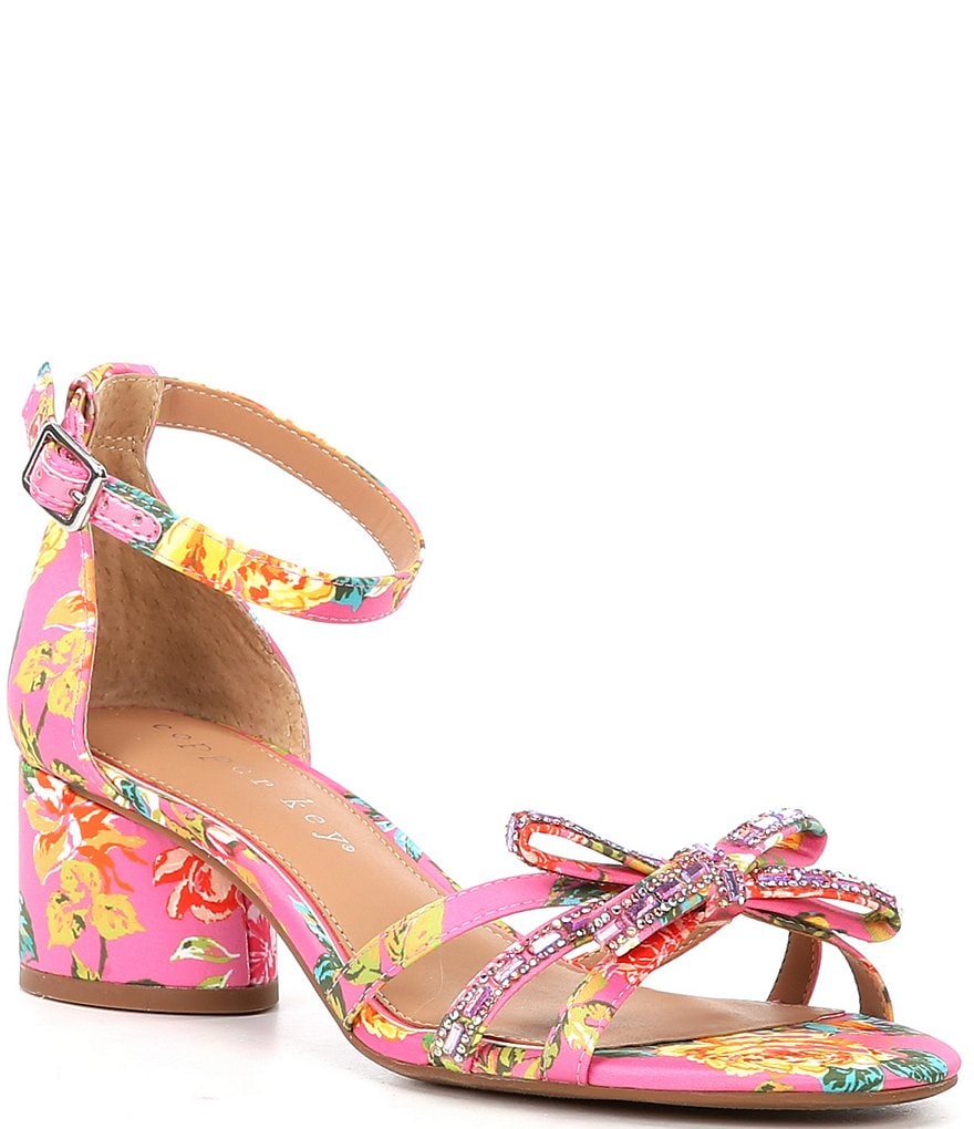 Copper Key Prance Floral Satin Rhinestone Bow Sandals | Dillard's