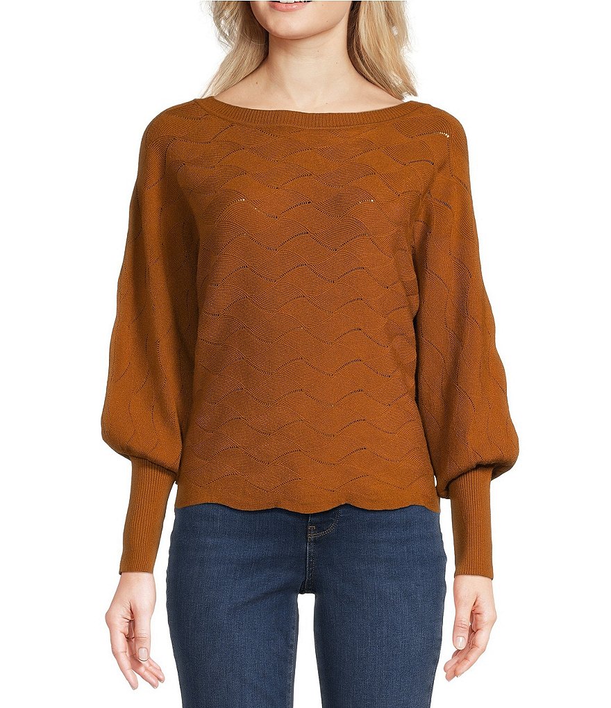 Cupio Solid Wave Stitch Boat Neck Long Puff Sleeve Sweater Top | Dillard's