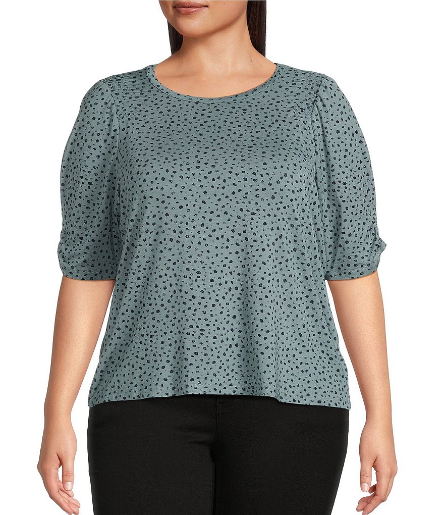 Democracy Plus Size Dot Print Crew Neck Elbow Length Sleeve Knit Top ...