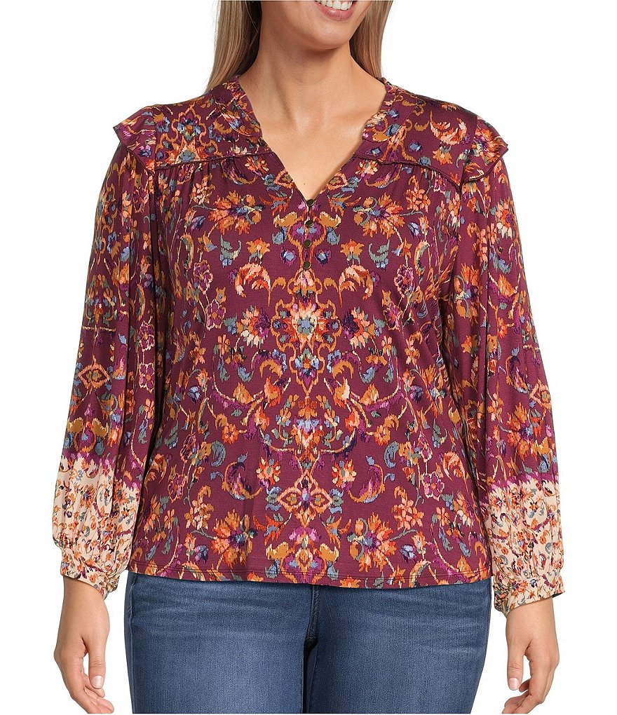 Democracy Plus Size Floral Placement Print Knit Split V Neck Ruffle