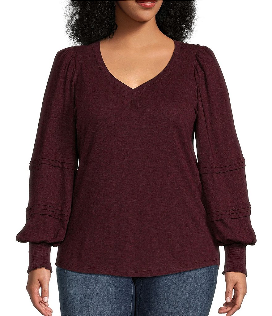 Democracy Plus Size V-Neck Long Puff Blouson Sleeve Knit Top | Dillard's