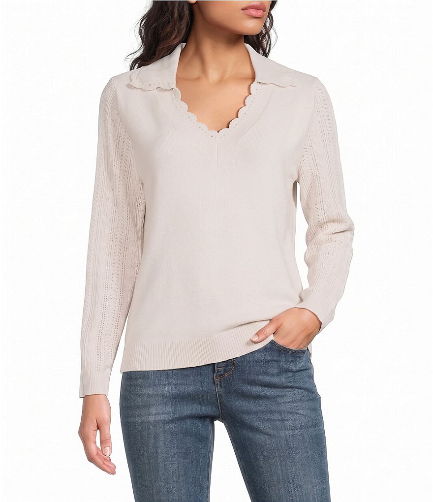 Scalloped Crochet Collar V-Neck Long Sleeve Sweater