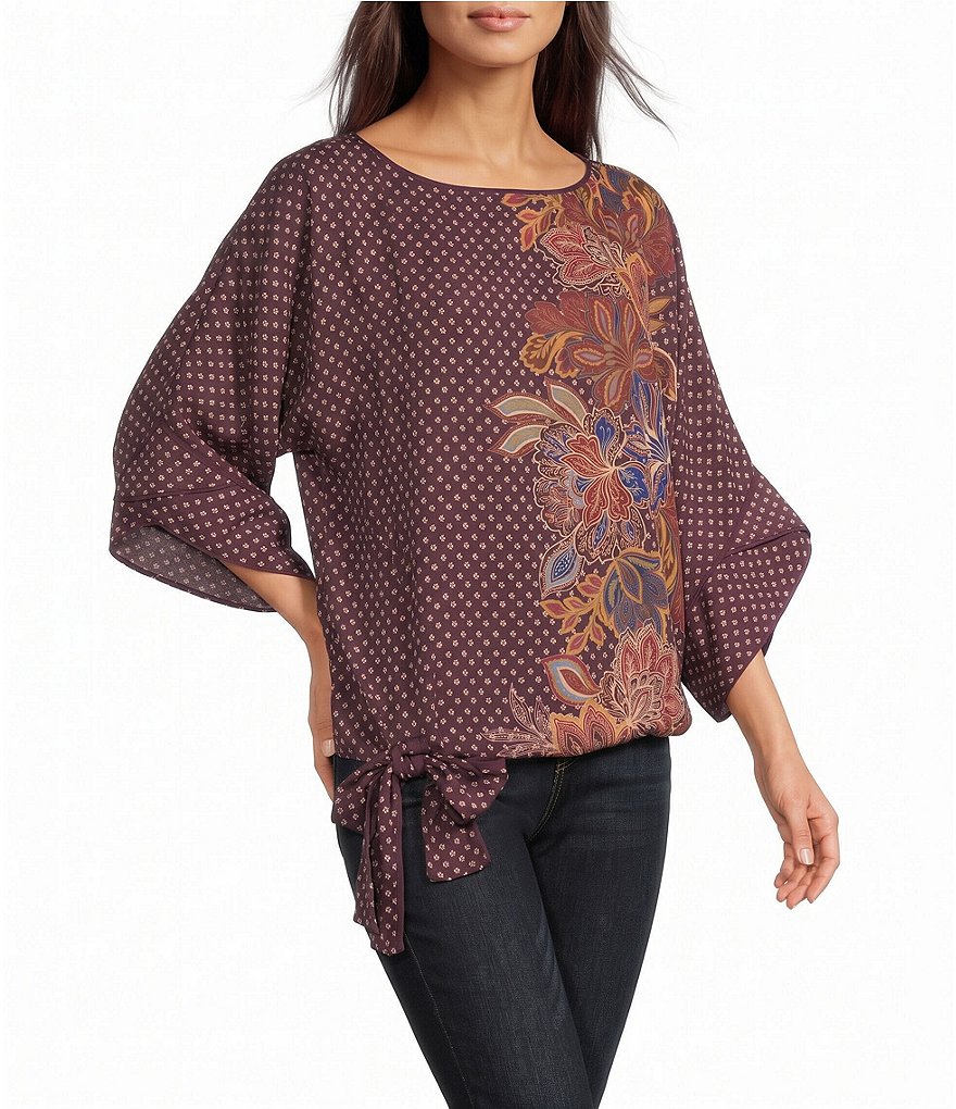 Woven Polka Dot Floral Boat Neck 3/4 Dolman Sleeve Self Bow Tie Top