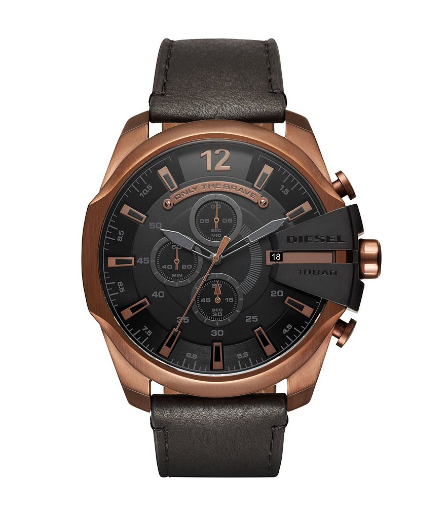 Diesel Mega Chief Rose Gold-Tone and Black Leather Chronograph Watch ...