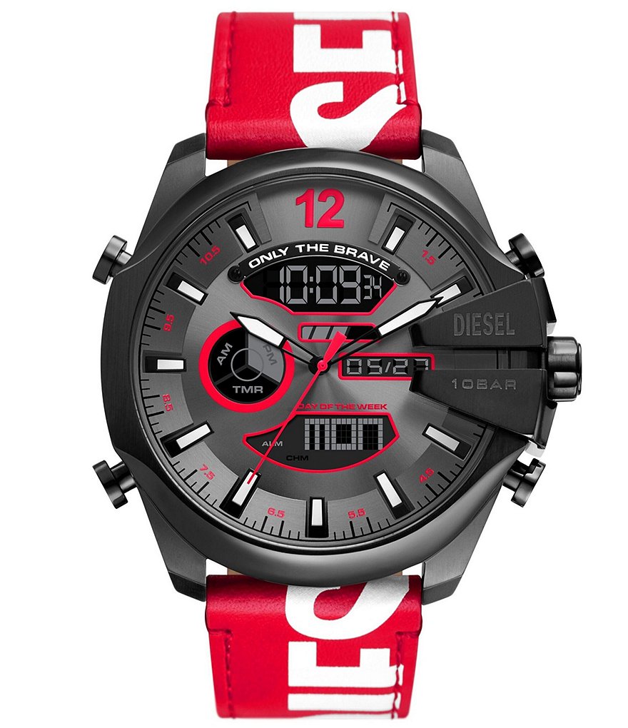 Diesel Men s Mega Chief Digital Analog Red and White Leather Strap Watch Dillard s