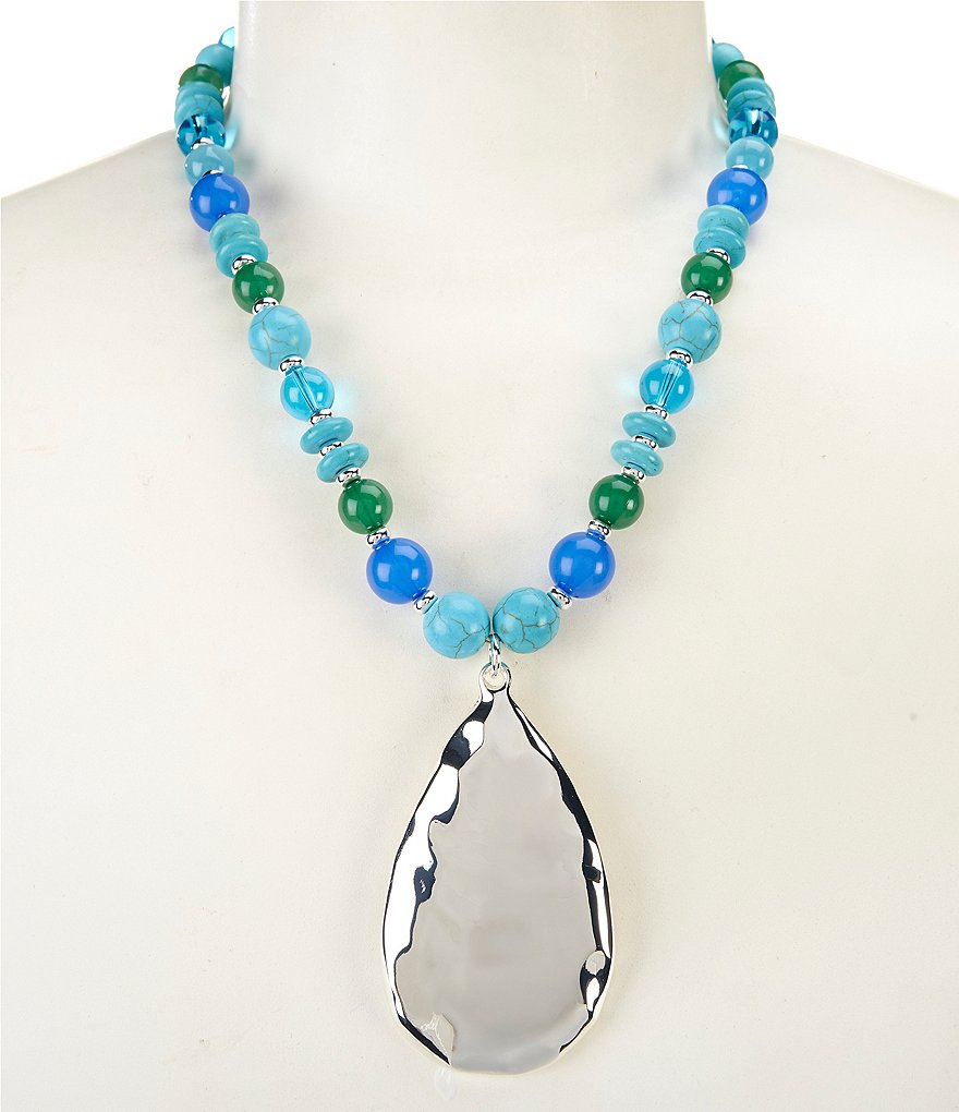 Dillard's Multi Blue Beaded Metal Teardrop Short Pendant Necklace