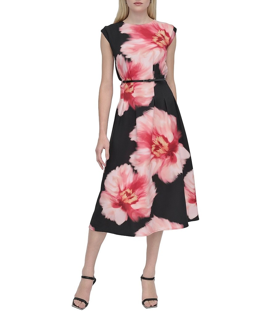 新作セール DKNY ワンピース マキシ Floral Midi Dress DKNY Women's Ruffled Floral-Print Tie-Waist Midi Dress (Navy