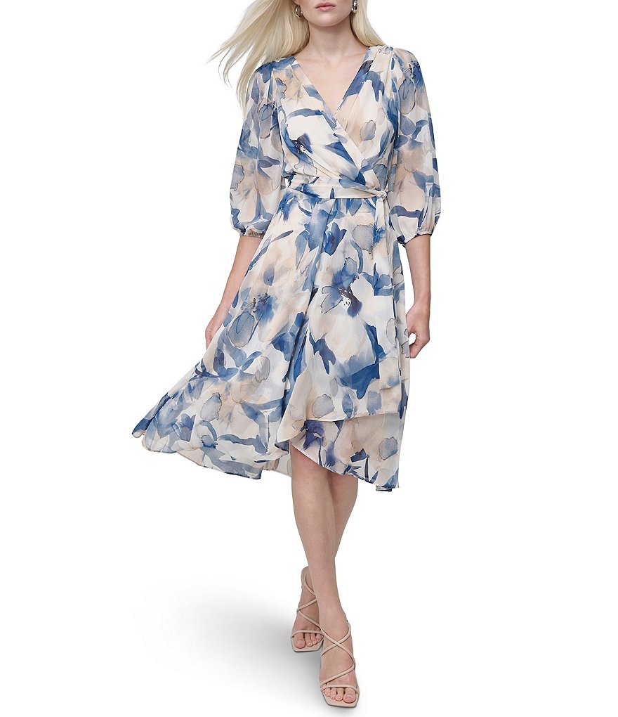 【Donna Karan New York】Printed Faux-Wrap Midi Dress Donna Karan New York Women's Floral Faux-Wrap Midi Dress