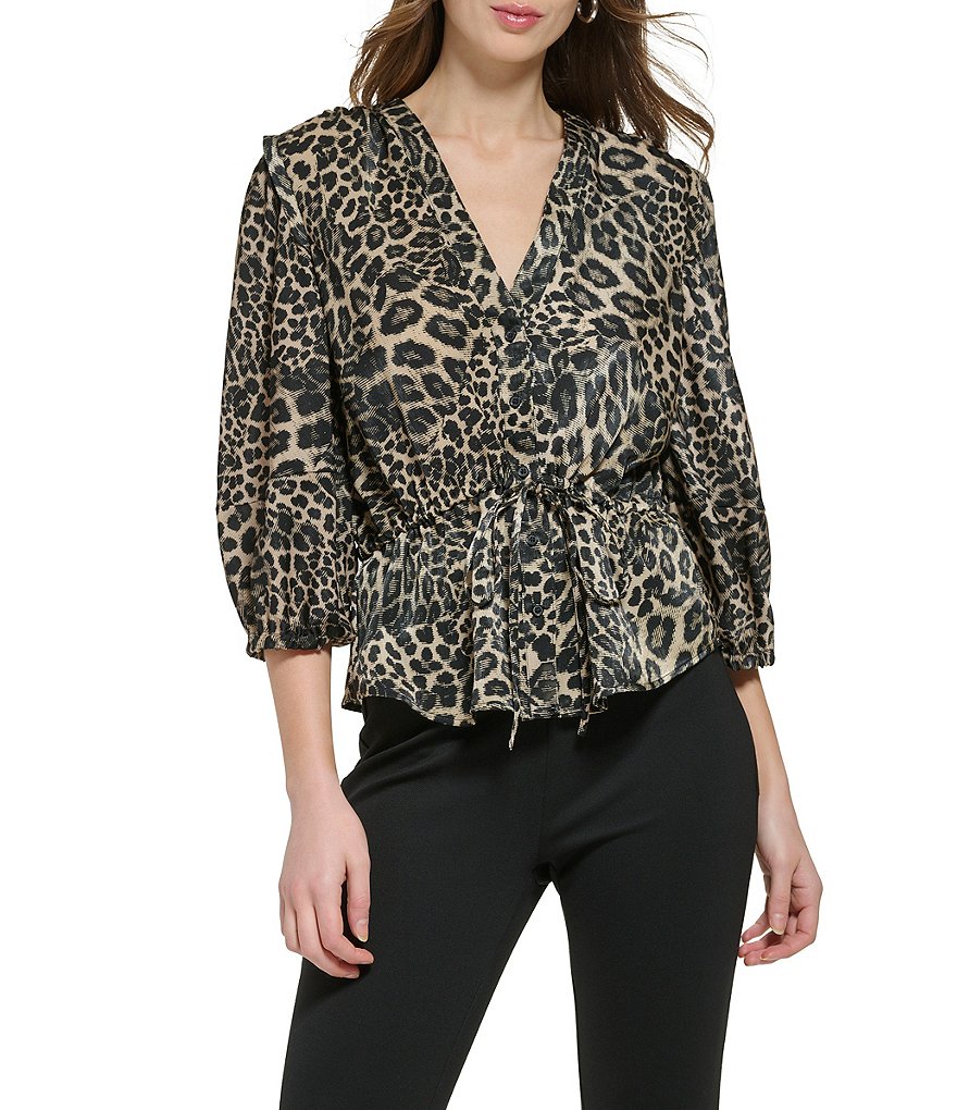 DKNY Cheetah Print Satin V-Neck 3/4 Sleeve Blouse | Dillard's