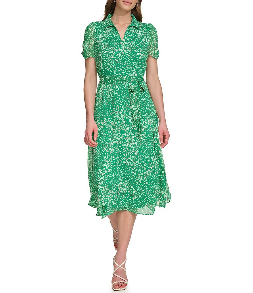 DKNY Collar V Neck Short Sleeve Ditsy Floral Print Chiffon Midi Dress ...