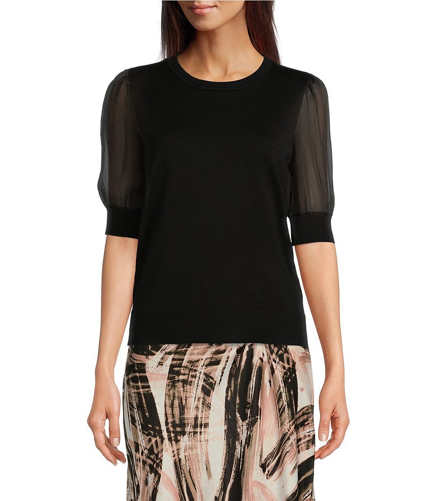 DKNY Short Illusion Puff Sleeve Mixed Media Top | Dillard's