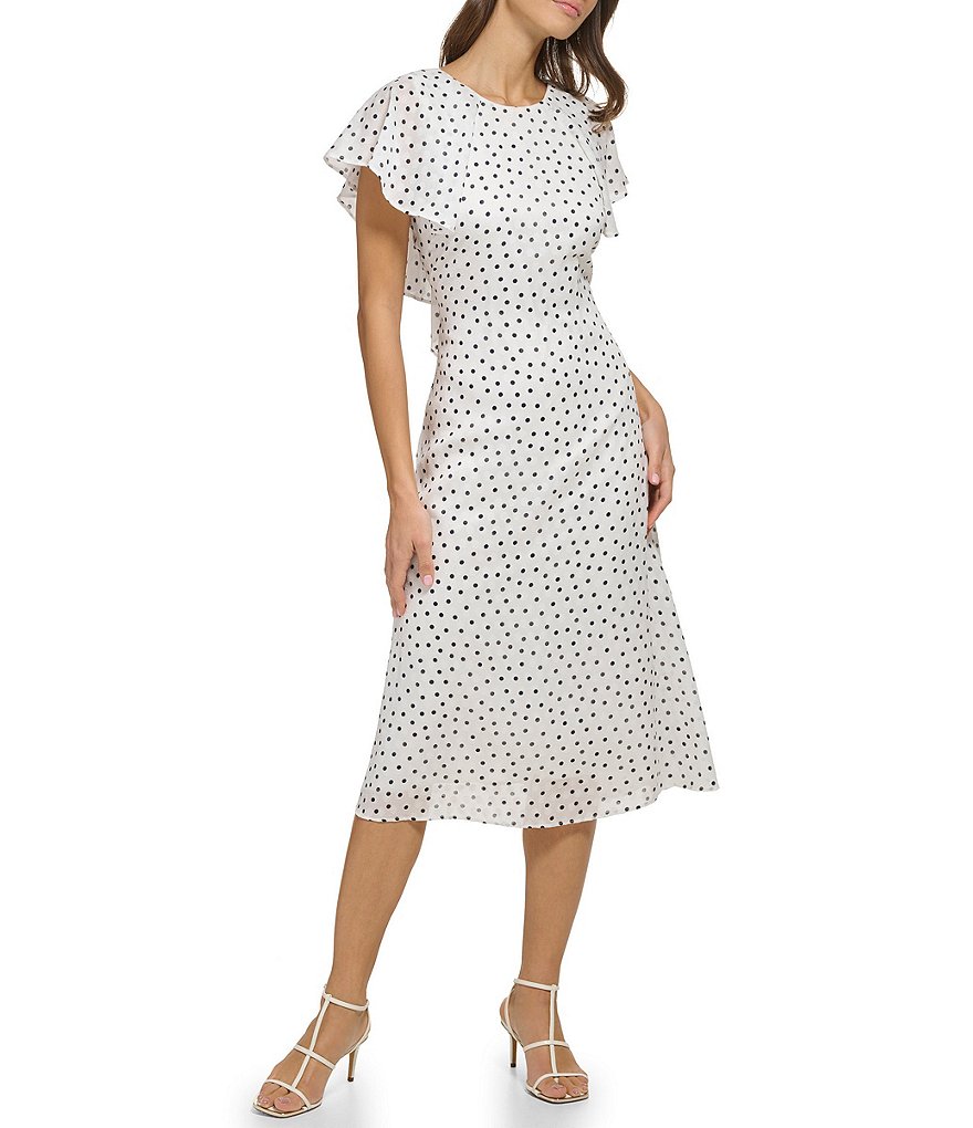DKNY Dotted Jewel Neckline Short Flutter Sleeve A Line Dress with Lace ...