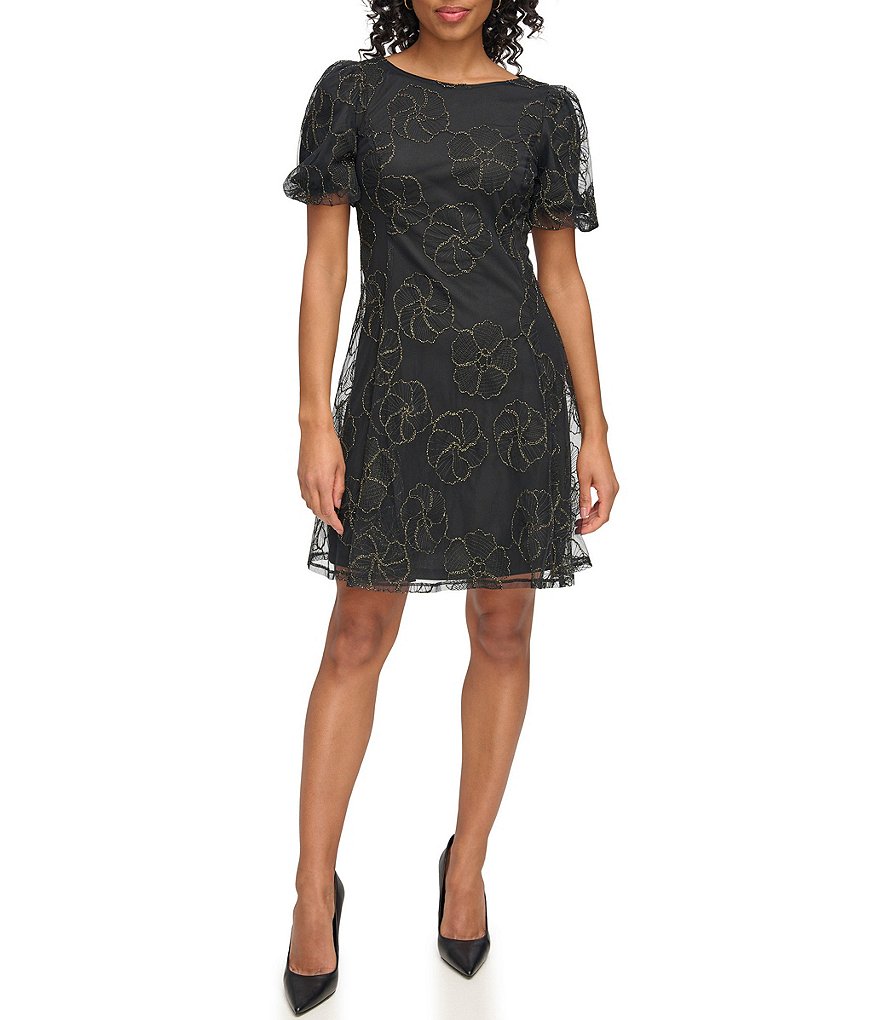 DKNY Floral Lurex Mesh Boat Neckline Short Sleeve Dress | Dillard's